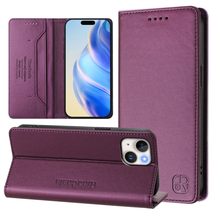 RC01 Dual-Folded Magnetic Suction RFID Leather Phone Case – Wear-resistant, Magnetic, Card Slot, For iPhone 15, For iPhone 14 Plus, For iPhone 14 / 13 For iPhone 14 Plus Violet
