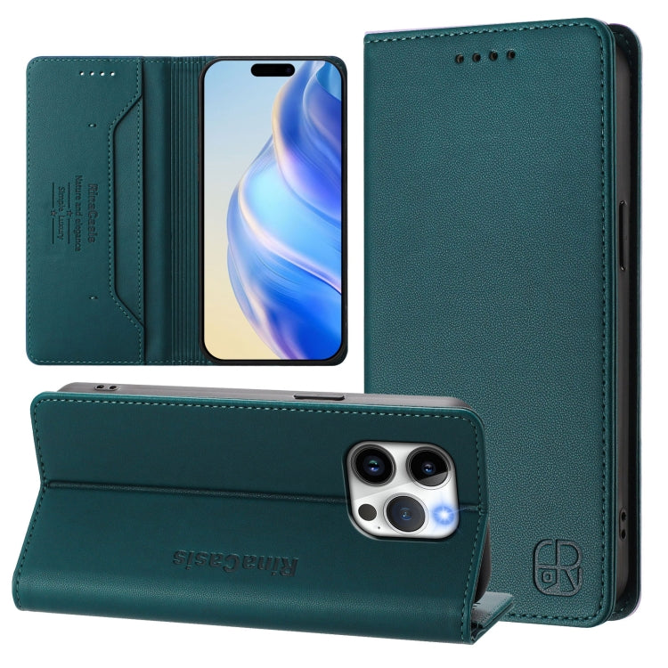 RC01 Dual-Folded Magnetic Suction RFID Leather Phone Case – Wear-resistant, Magnetic, Card Slot, For iPhone 14 Pro, For iPhone 14 Pro Max, For iPhone 7 / 8 / SE 2022 For iPhone 14 Pro Dark Green