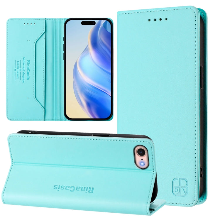 RC01 Dual-Folded Magnetic Suction RFID Leather Phone Case – Wear-resistant, Magnetic, Card Slot, For iPhone 14 Pro, For iPhone 14 Pro Max, For iPhone 7 / 8 / SE 2022 For iPhone 7 8 SE 2022 Mint Green