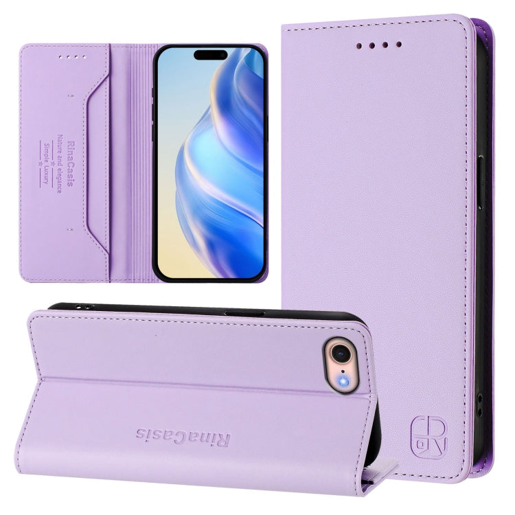RC01 Dual-Folded Magnetic Suction RFID Leather Phone Case – Wear-resistant, Magnetic, Card Slot, For iPhone 14 Pro, For iPhone 14 Pro Max, For iPhone 7 / 8 / SE 2022 For iPhone 7 8 SE 2022 Light Purple