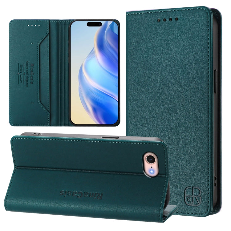 RC01 Dual-Folded Magnetic Suction RFID Leather Phone Case – Wear-resistant, Magnetic, Card Slot, For iPhone 14 Pro, For iPhone 14 Pro Max, For iPhone 7 / 8 / SE 2022 For iPhone 7 8 SE 2022 Dark Green