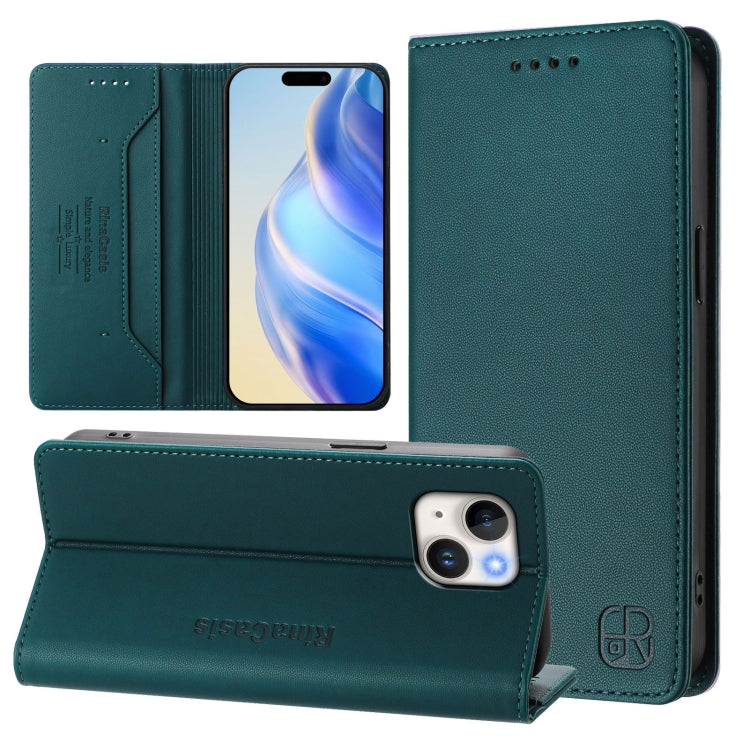 RC01 Dual-Folded Magnetic Suction RFID Leather Phone Case – Wear-resistant, Magnetic, Card Slot, For iPhone 13 Pro Max, For iPhone 13 Pro, For iPhone 13 mini For iPhone 13 mini Dark Green