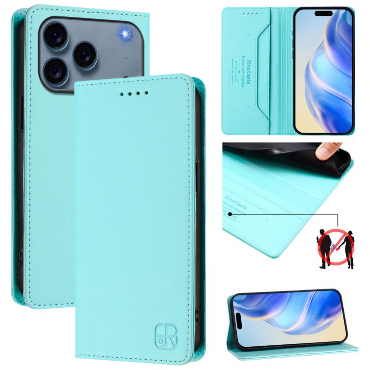 RC01 Dual-Folded Magnetic Suction RFID Leather Phone Case – Wear-resistant, Magnetic, Card Slot, For iPhone 17e / 16e, For iPhone 17 Pro Max, For iPhone 17 Pro For iPhone 17 Pro Max Mint Green