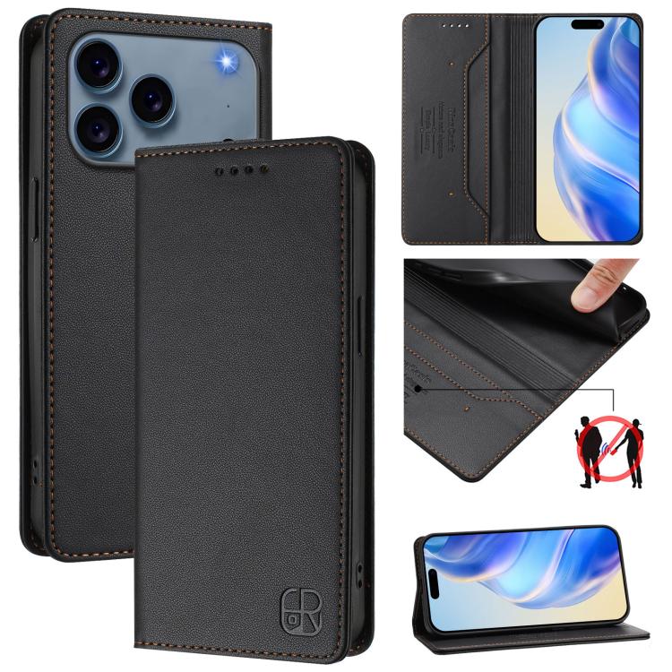 RC01 Dual-Folded Magnetic Suction RFID Leather Phone Case – Wear-resistant, Magnetic, Card Slot, For iPhone 17e / 16e, For iPhone 17 Pro Max, For iPhone 17 Pro For iPhone 17 Pro Max Black