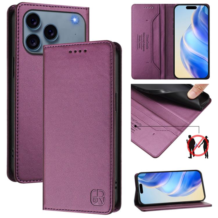RC01 Dual-Folded Magnetic Suction RFID Leather Phone Case – Wear-resistant, Magnetic, Card Slot, For iPhone 17e / 16e, For iPhone 17 Pro Max, For iPhone 17 Pro For iPhone 17 Pro Max Violet