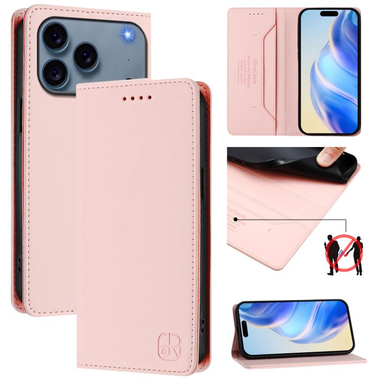 RC01 Dual-Folded Magnetic Suction RFID Leather Phone Case – Wear-resistant, Magnetic, Card Slot, For iPhone 17e / 16e, For iPhone 17 Pro Max, For iPhone 17 Pro For iPhone 17 Pro Pink