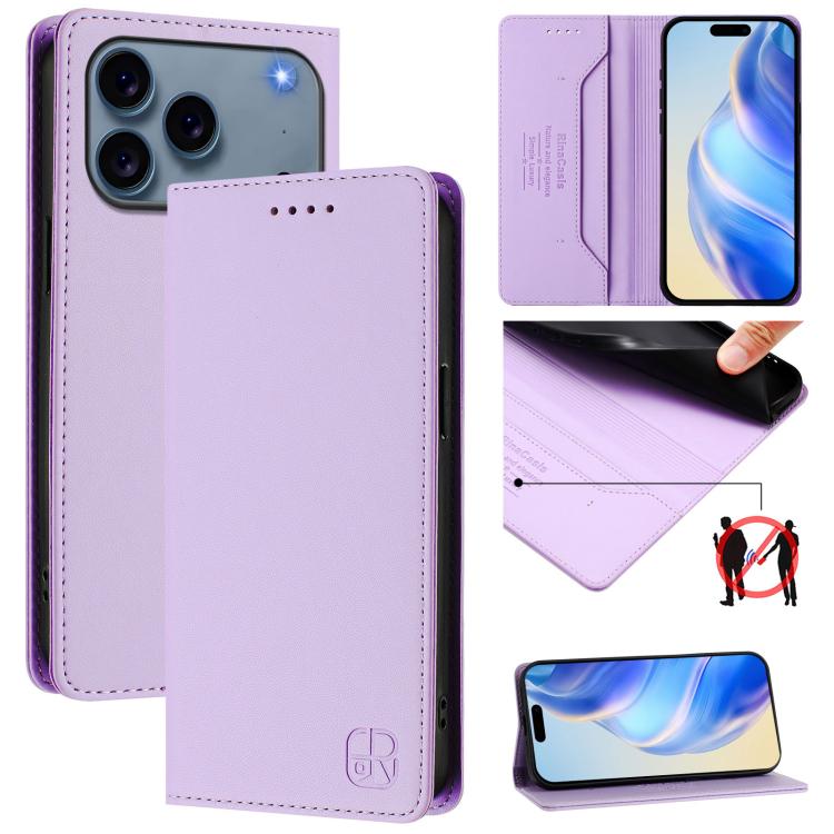 RC01 Dual-Folded Magnetic Suction RFID Leather Phone Case – Wear-resistant, Magnetic, Card Slot, For iPhone 17e / 16e, For iPhone 17 Pro Max, For iPhone 17 Pro For iPhone 17 Pro Light Purple