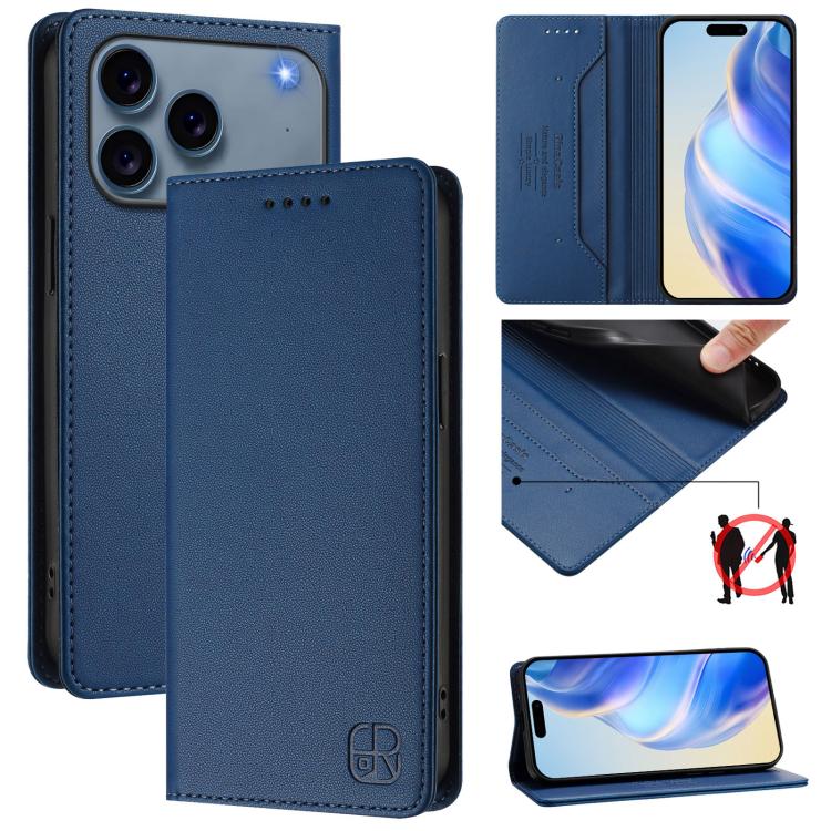 RC01 Dual-Folded Magnetic Suction RFID Leather Phone Case – Wear-resistant, Magnetic, Card Slot, For iPhone 17e / 16e, For iPhone 17 Pro Max, For iPhone 17 Pro For iPhone 17 Pro Dark Blue