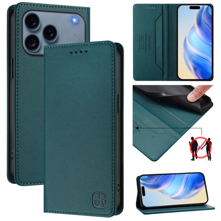 RC01 Dual-Folded Magnetic Suction RFID Leather Phone Case – Wear-resistant, Magnetic, Card Slot, For iPhone 17e / 16e, For iPhone 17 Pro Max, For iPhone 17 Pro For iPhone 17 Pro Dark Green