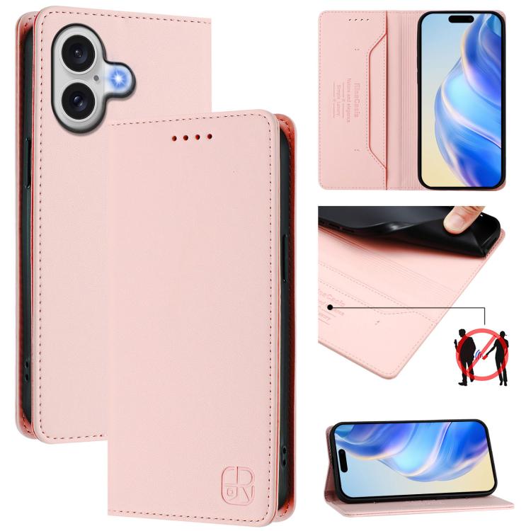RC01 Dual-Folded Magnetic Suction RFID Leather Phone Case – Wear-resistant, Magnetic, Card Slot, For iPhone 17, For iPhone Air, For iPhone 16 Pro Max For iPhone 17 Pink