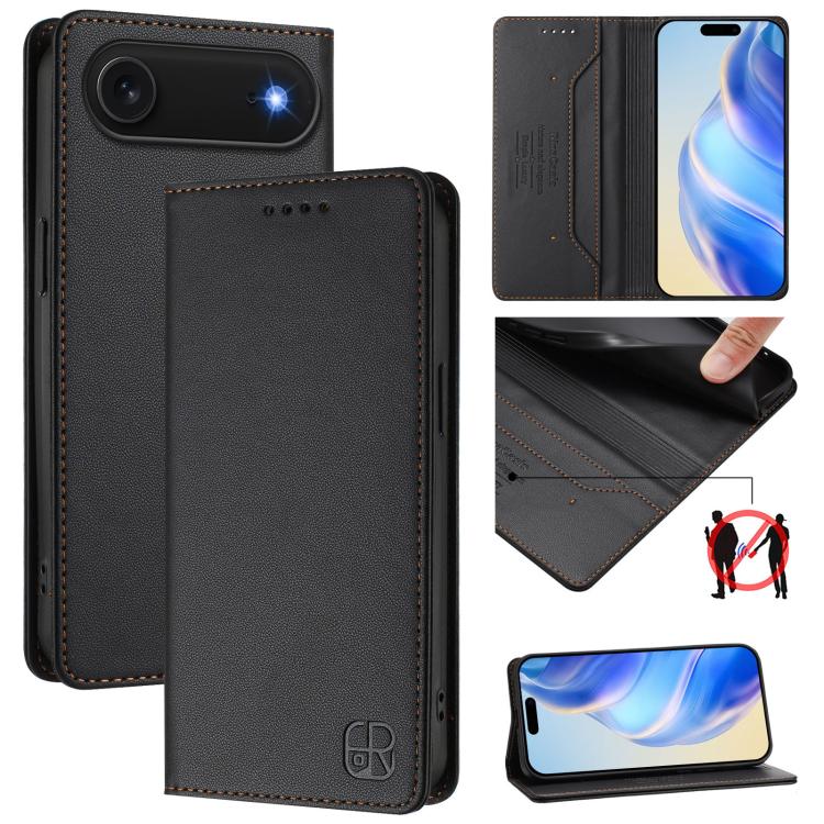RC01 Dual-Folded Magnetic Suction RFID Leather Phone Case – Wear-resistant, Magnetic, Card Slot, For iPhone 17, For iPhone Air, For iPhone 16 Pro Max For iPhone Air Black