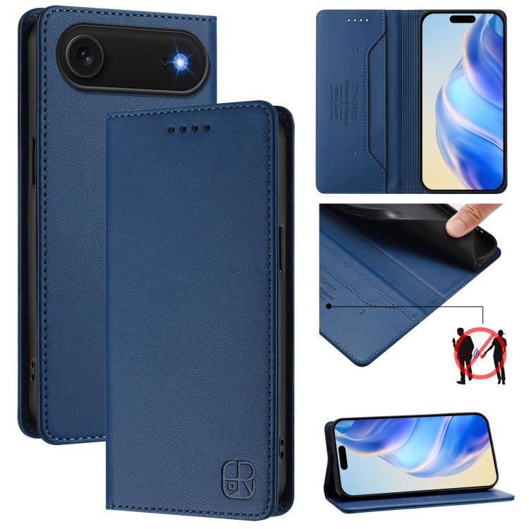 RC01 Dual-Folded Magnetic Suction RFID Leather Phone Case – Wear-resistant, Magnetic, Card Slot, For iPhone 17, For iPhone Air, For iPhone 16 Pro Max For iPhone Air Dark Blue