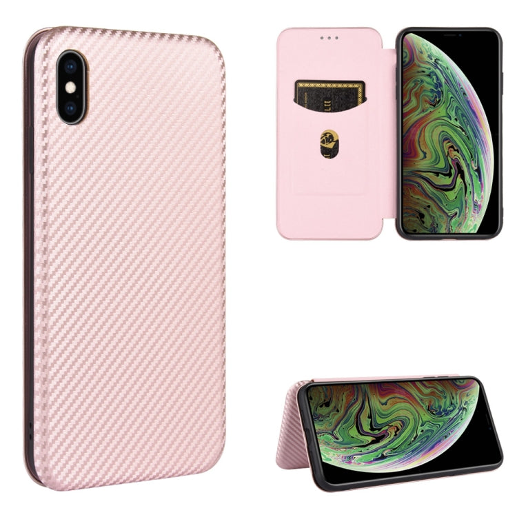 Carbon Fiber Texture Magnetic Horizontal Flip TPU + PC + PU Leather Case with Card Slot, For iPhone X / XS For iPhone X XS Pink