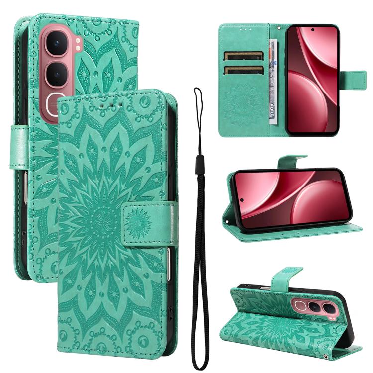 Embossed Sunflower Pattern Flip Leather Phone Case – Wear-resistant, Lanyard, Card Slot, For vivo V60 Lite 4G, For vivo Y31 5G 2025 / Y21D, For vivo Y400 5G For vivo Y31 5G 2025 Y21D Green