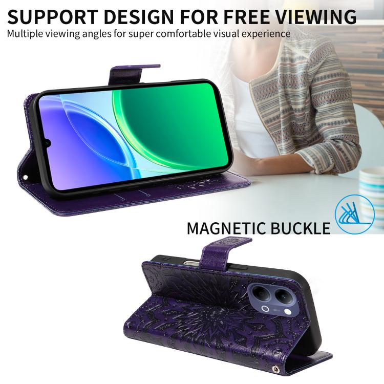 Embossed Sunflower Pattern Flip Leather Phone Case – Wear-resistant, Lanyard, Card Slot, For vivo Y05 4G / vivo Y21 5G 2026, For vivo V70 FE 5G, For vivo V70 5G Global / V70 Elite 5G