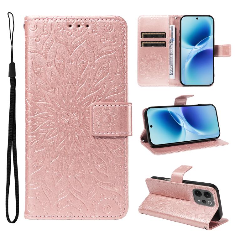 Embossed Sunflower Pattern Flip Leather Phone Case – Wear-resistant, Lanyard, Card Slot, For vivo Y05 4G / vivo Y21 5G 2026, For vivo V70 FE 5G, For vivo V70 5G Global / V70 Elite 5G For vivo V70 5G Global V70 Elite 5G Rose Gold