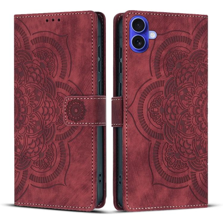 Mandala Embossed Retro Frosted Leather Phone Case, For iPhone 16, For iPhone 15 Pro Max, For iPhone 15 Pro, For iPhone 15 Plus For iPhone 16 Red