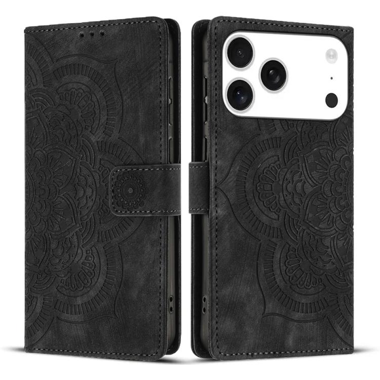 Mandala Embossed Retro Frosted Leather Phone Case – Wear-resistant, Card Slot, Kickstand, For iPhone 17e / 16e, For iPhone 17 Pro Max, For iPhone 17 Pro, For iPhone 17 For iPhone 18 Pro Max 17 Pro Max Black