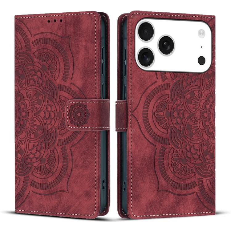 Mandala Embossed Retro Frosted Leather Phone Case – Wear-resistant, Card Slot, Kickstand, For iPhone 17e / 16e, For iPhone 17 Pro Max, For iPhone 17 Pro, For iPhone 17 For iPhone 18 Pro 17 Pro Red