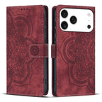 Mandala Embossed Retro Frosted Leather Phone Case – Wear-resistant, Card Slot, Kickstand, For iPhone 17e / 16e, For iPhone 17 Pro Max, For iPhone 17 Pro, For iPhone 17 For iPhone 18 Pro 17 Pro Red