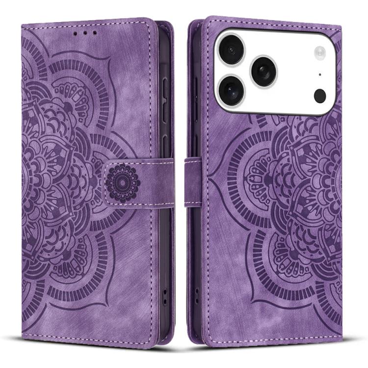 Mandala Embossed Retro Frosted Leather Phone Case – Wear-resistant, Card Slot, Kickstand, For iPhone 17e / 16e, For iPhone 17 Pro Max, For iPhone 17 Pro, For iPhone 17 For iPhone 18 Pro 17 Pro Purple