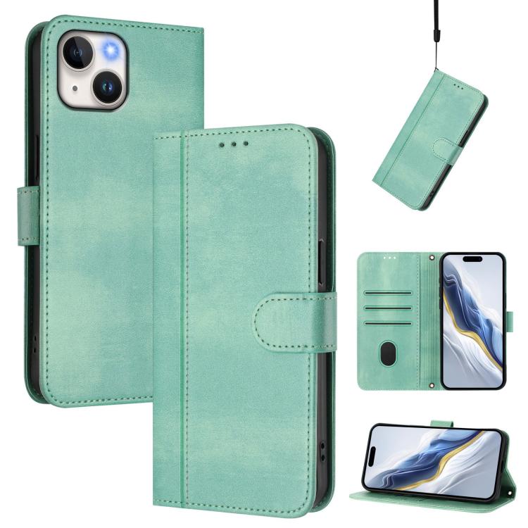Line Splicing Buckle Retro Leather Phone Case, For iPhone 15, For iPhone 14 Plus, For iPhone 14 / 13 For iPhone 15 Mint Green