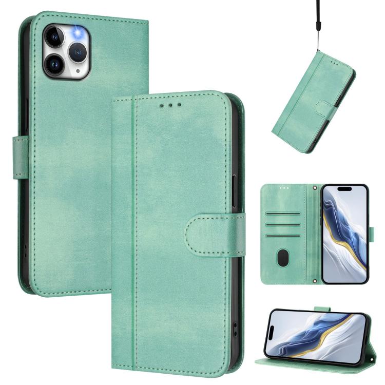 Line Splicing Buckle Retro Leather Phone Case, For iPhone 11 Pro Max, For iPhone 11, For iPhone 11 Pro For iPhone 11 Pro Max Mint Green