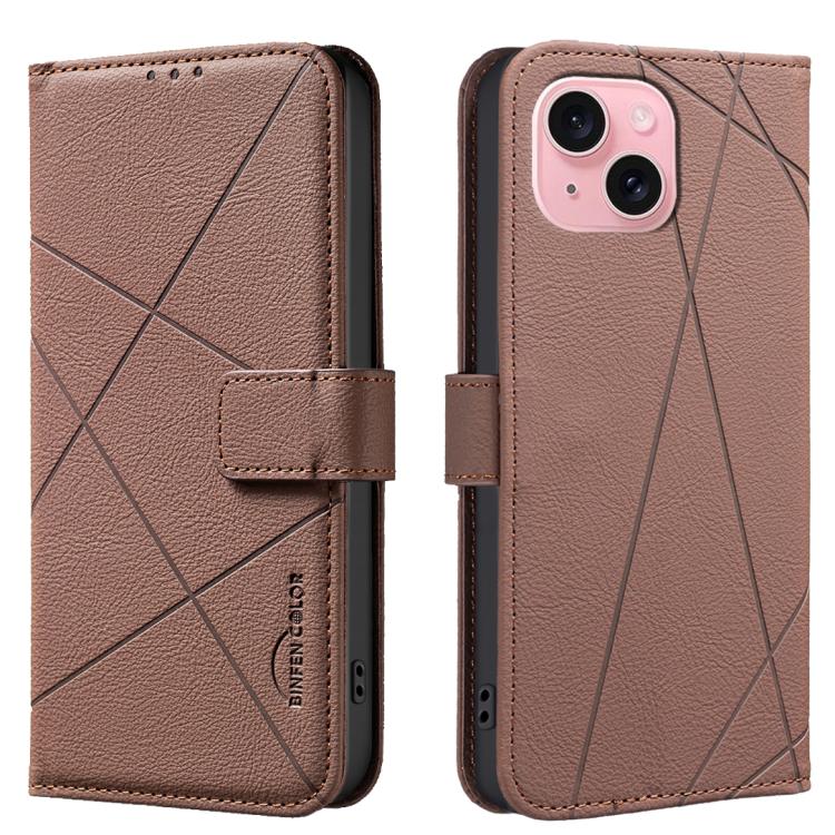 Geometric Pattern RFID Leather Phone Case, For iPhone 15, For iPhone 13 / 14, For iPhone 14 Pro, For iPhone 14 Pro Max For iPhone 15 Brown