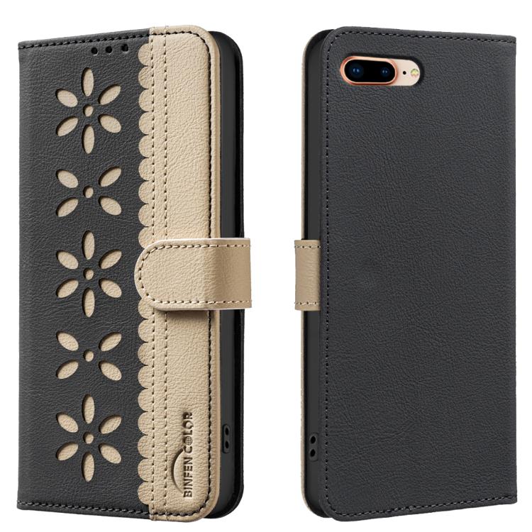 Splicing Color Hollow Flower Pattern RFID Leather Phone Case – Card Slot, Kickstand, Leather, For iPhone XS Max, For iPhone 6 Plus / 7 Plus / 8 Plus, For iPhone 6 / 7 / 8 For iPhone 6 Plus 7 Plus 8 Plus Black