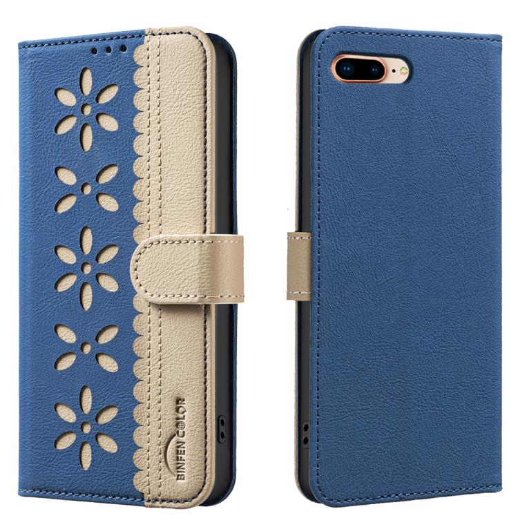 Splicing Color Hollow Flower Pattern RFID Leather Phone Case – Card Slot, Kickstand, Leather, For iPhone XS Max, For iPhone 6 Plus / 7 Plus / 8 Plus, For iPhone 6 / 7 / 8 For iPhone 6 Plus 7 Plus 8 Plus Dark Blue