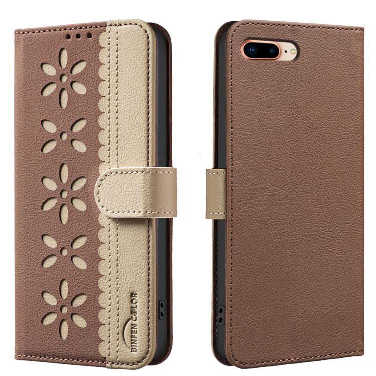 Splicing Color Hollow Flower Pattern RFID Leather Phone Case – Card Slot, Kickstand, Leather, For iPhone XS Max, For iPhone 6 Plus / 7 Plus / 8 Plus, For iPhone 6 / 7 / 8 For iPhone 6 Plus 7 Plus 8 Plus Brown