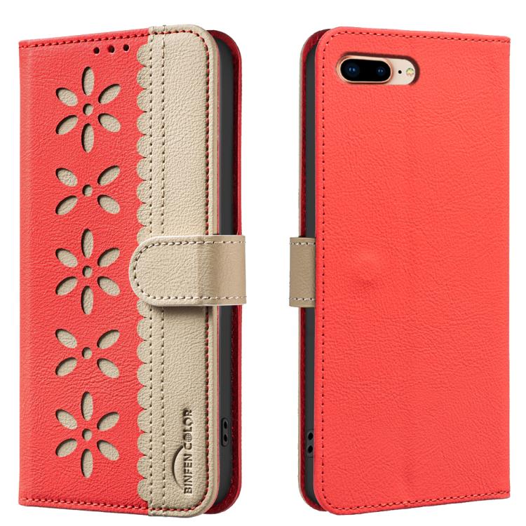 Splicing Color Hollow Flower Pattern RFID Leather Phone Case – Card Slot, Kickstand, Leather, For iPhone XS Max, For iPhone 6 Plus / 7 Plus / 8 Plus, For iPhone 6 / 7 / 8 For iPhone 6 Plus 7 Plus 8 Plus Red