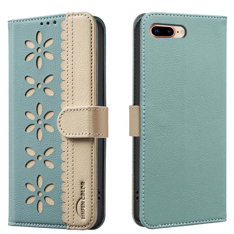 Splicing Color Hollow Flower Pattern RFID Leather Phone Case – Card Slot, Kickstand, Leather, For iPhone XS Max, For iPhone 6 Plus / 7 Plus / 8 Plus, For iPhone 6 / 7 / 8 For iPhone 6 Plus 7 Plus 8 Plus Green