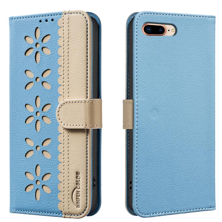 Splicing Color Hollow Flower Pattern RFID Leather Phone Case – Card Slot, Kickstand, Leather, For iPhone XS Max, For iPhone 6 Plus / 7 Plus / 8 Plus, For iPhone 6 / 7 / 8 For iPhone 6 Plus 7 Plus 8 Plus Baby Blue
