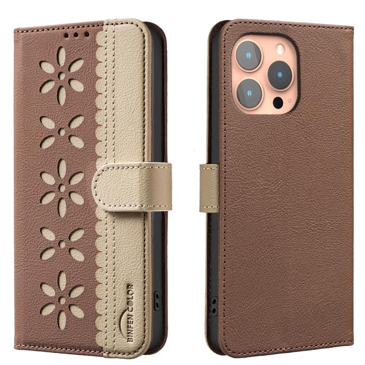 Splicing Color Hollow Flower Pattern RFID Leather Phone Case – Card Slot, Kickstand, Leather, For iPhone 11 Pro Max, For iPhone 11, For iPhone 11 Pro, For iPhone XR For iPhone 11 Pro Max Brown