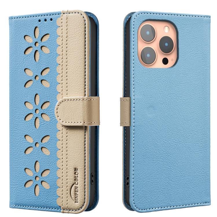 Splicing Color Hollow Flower Pattern RFID Leather Phone Case – Card Slot, Kickstand, Leather, For iPhone 11 Pro Max, For iPhone 11, For iPhone 11 Pro, For iPhone XR For iPhone 11 Pro Max Baby Blue