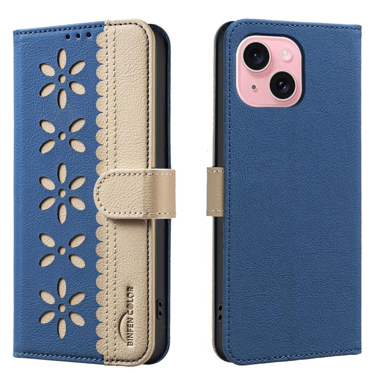Splicing Color Hollow Flower Pattern RFID Leather Phone Case – Card Slot, Kickstand, Leather, For iPhone 15, For iPhone 13 / 14, For iPhone 14 Pro, For iPhone 14 Pro Max For iPhone 13 14 Dark Blue