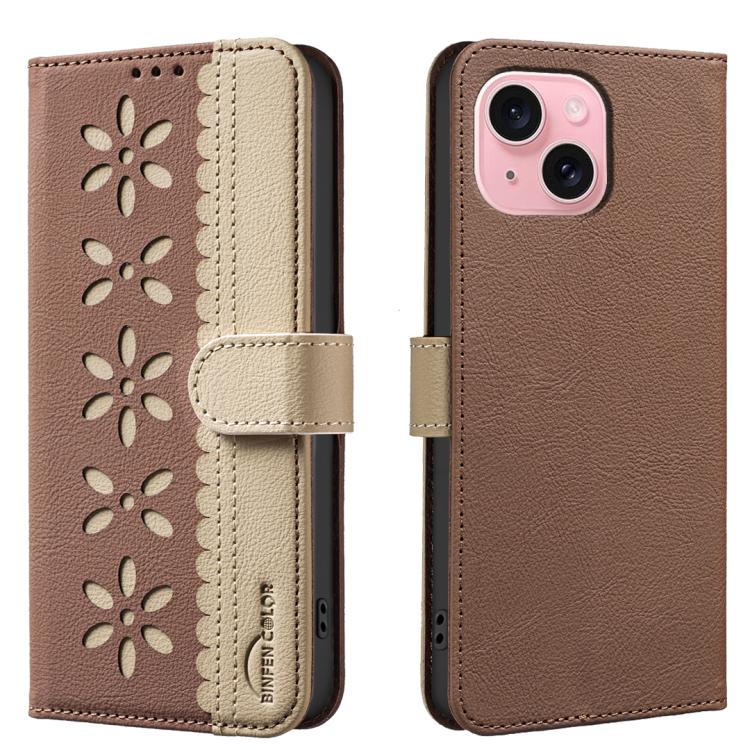 Splicing Color Hollow Flower Pattern RFID Leather Phone Case – Card Slot, Kickstand, Leather, For iPhone 15, For iPhone 13 / 14, For iPhone 14 Pro, For iPhone 14 Pro Max For iPhone 13 14 Brown
