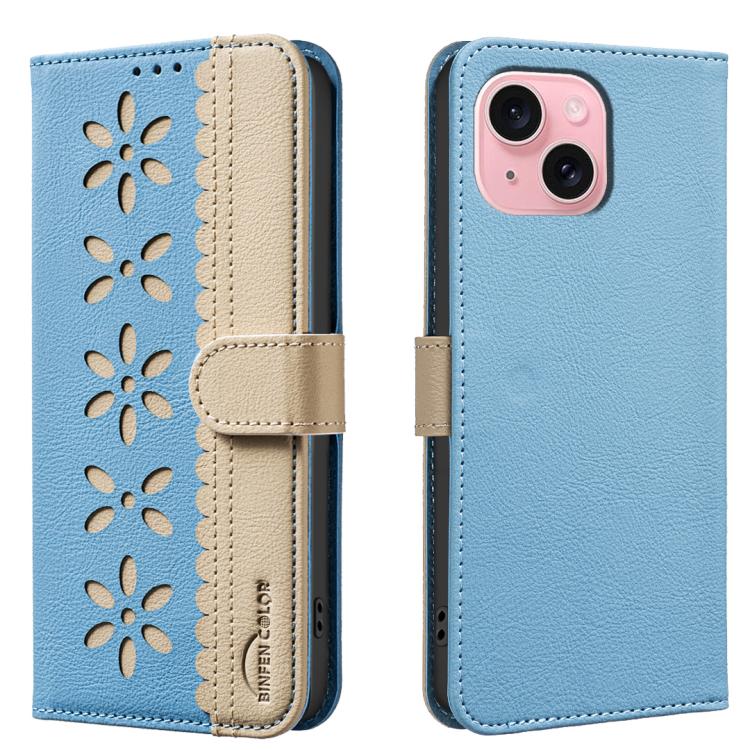 Splicing Color Hollow Flower Pattern RFID Leather Phone Case – Card Slot, Kickstand, Leather, For iPhone 15, For iPhone 13 / 14, For iPhone 14 Pro, For iPhone 14 Pro Max For iPhone 13 14 Baby Blue