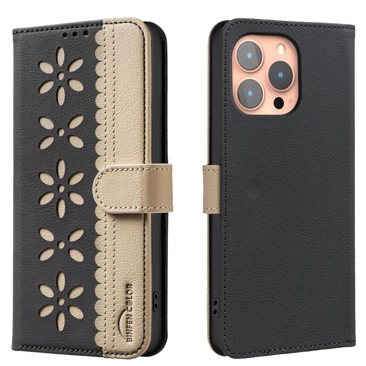 Splicing Color Hollow Flower Pattern RFID Leather Phone Case, For iPhone 13 Pro Max, For iPhone 13 Pro, For iPhone 12 / 12 Pro, For iPhone 12 Pro Max For iPhone 13 Pro Max Black