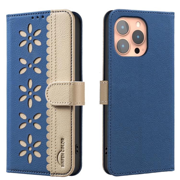Splicing Color Hollow Flower Pattern RFID Leather Phone Case – Card Slot, Kickstand, Leather, For iPhone 13 Pro Max, For iPhone 13 Pro, For iPhone 12 / 12 Pro, For iPhone 12 Pro Max For iPhone 13 Pro Dark Blue