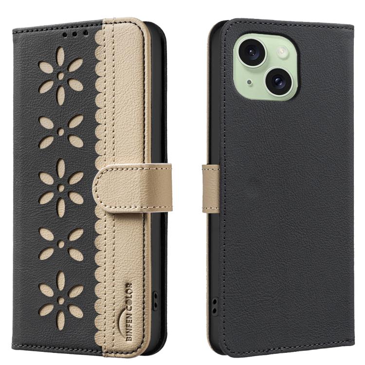 Splicing Color Hollow Flower Pattern RFID Leather Phone Case – Card Slot, Kickstand, Leather, For iPhone 16, For iPhone 15 Pro Max, For iPhone 15 Pro, For iPhone 14 Plus / 15 Plus For iPhone 14 Plus 15 Plus Black