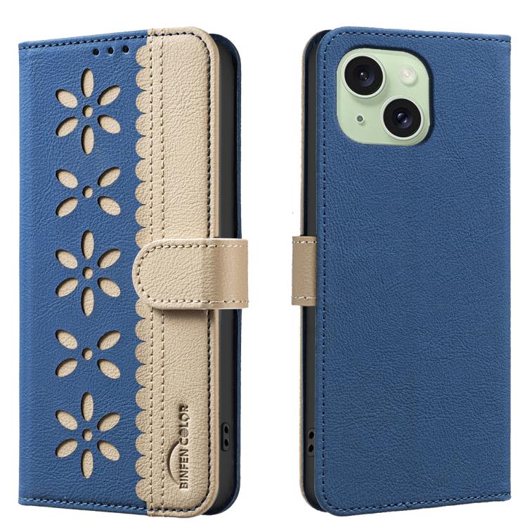 Splicing Color Hollow Flower Pattern RFID Leather Phone Case – Card Slot, Kickstand, Leather, For iPhone 16, For iPhone 15 Pro Max, For iPhone 15 Pro, For iPhone 14 Plus / 15 Plus For iPhone 14 Plus 15 Plus Dark Blue