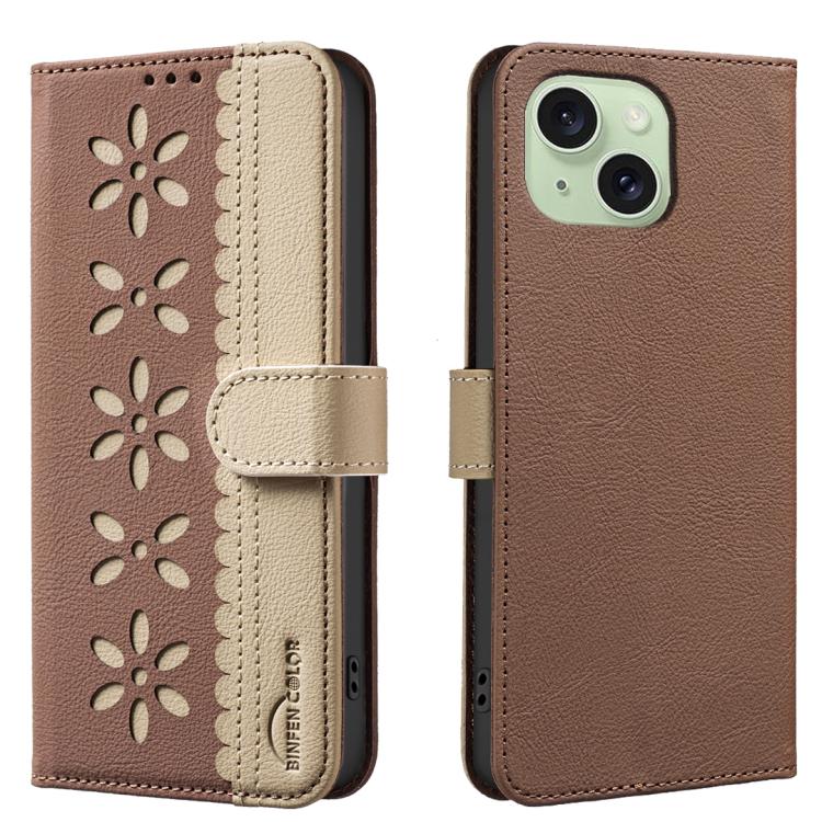 Splicing Color Hollow Flower Pattern RFID Leather Phone Case – Card Slot, Kickstand, Leather, For iPhone 16, For iPhone 15 Pro Max, For iPhone 15 Pro, For iPhone 14 Plus / 15 Plus For iPhone 14 Plus 15 Plus Brown