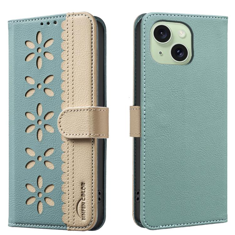 Splicing Color Hollow Flower Pattern RFID Leather Phone Case – Card Slot, Kickstand, Leather, For iPhone 16, For iPhone 15 Pro Max, For iPhone 15 Pro, For iPhone 14 Plus / 15 Plus For iPhone 14 Plus 15 Plus Green