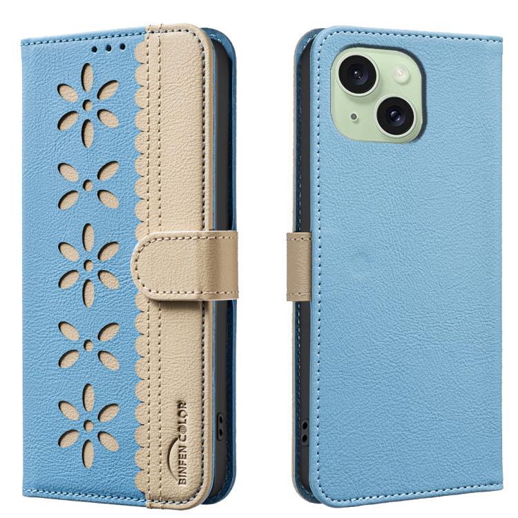 Splicing Color Hollow Flower Pattern RFID Leather Phone Case – Card Slot, Kickstand, Leather, For iPhone 16, For iPhone 15 Pro Max, For iPhone 15 Pro, For iPhone 14 Plus / 15 Plus For iPhone 14 Plus 15 Plus Baby Blue