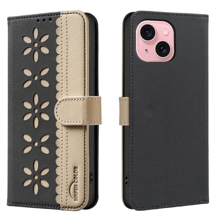 Splicing Color Hollow Flower Pattern RFID Leather Phone Case, For iPhone 15, For iPhone 13 / 14, For iPhone 14 Pro, For iPhone 14 Pro Max For iPhone 15 Black