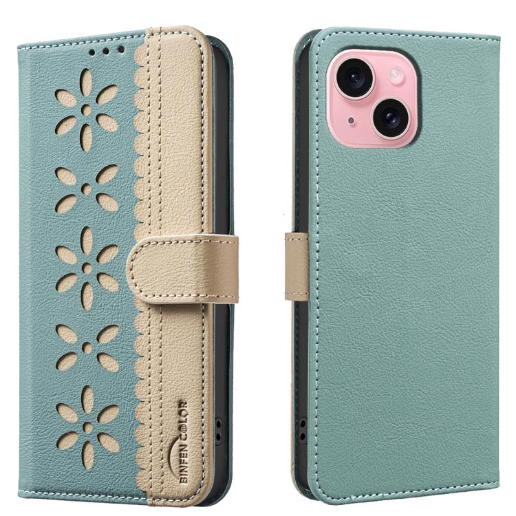 Splicing Color Hollow Flower Pattern RFID Leather Phone Case – Card Slot, Kickstand, Leather, For iPhone 15, For iPhone 13 / 14, For iPhone 14 Pro, For iPhone 14 Pro Max For iPhone 15 Green
