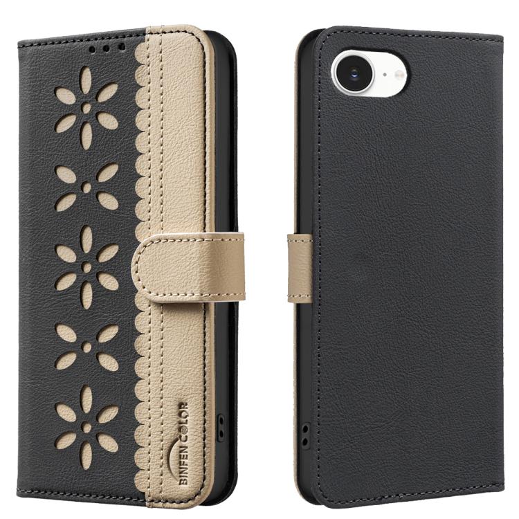 Splicing Color Hollow Flower Pattern RFID Leather Phone Case – Card Slot, Kickstand, Leather, For iPhone 18 Pro/17 Pro, For iPhone 18 Pro Max/17 Pro Max, For iPhone 16e / 17e, For iPhone 17 For iPhone 16e 17e Black