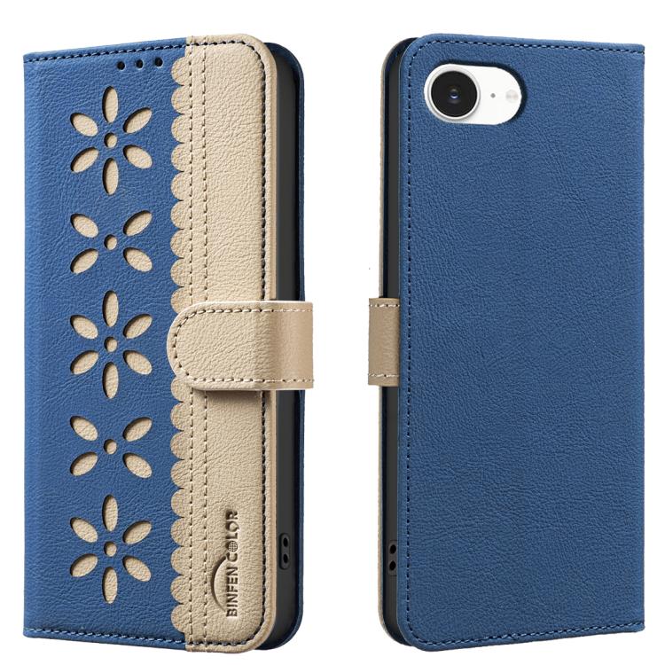 Splicing Color Hollow Flower Pattern RFID Leather Phone Case – Card Slot, Kickstand, Leather, For iPhone 18 Pro/17 Pro, For iPhone 18 Pro Max/17 Pro Max, For iPhone 16e / 17e, For iPhone 17 For iPhone 16e 17e Dark Blue